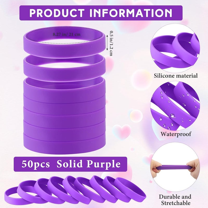 Liliful 50 Pcs Plain Silicone Rubber Bracelets Elastic Rubber Wristbands Blank Colored Bracelet Sports Bands for Stretch Wristband Wrist Bands for Women Men Party Gifts(Purple) - Image 2